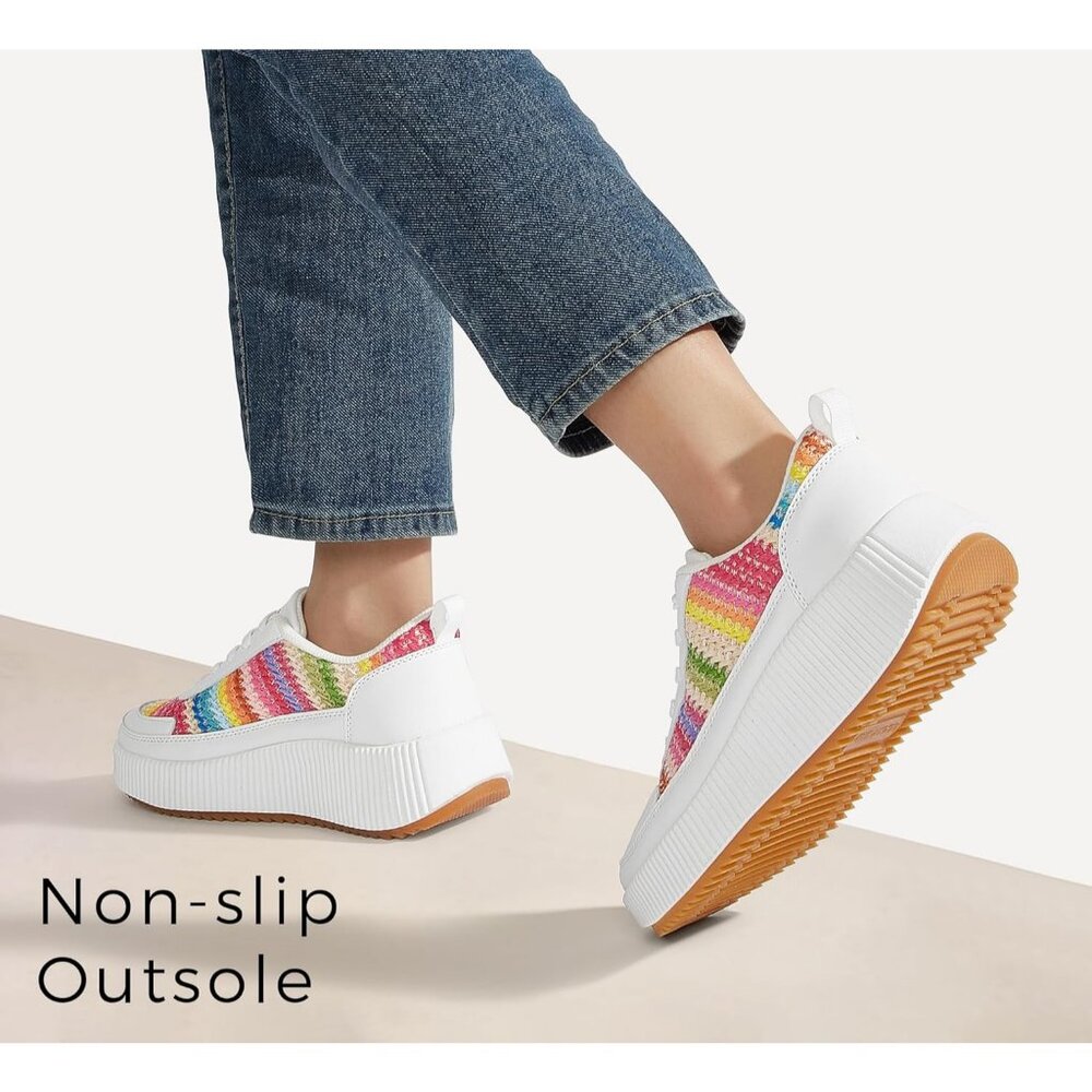 Lucky Step Women's White Platform Sneakers Rhinestone Fashion Chunky Shoes - Picture 5 of 7